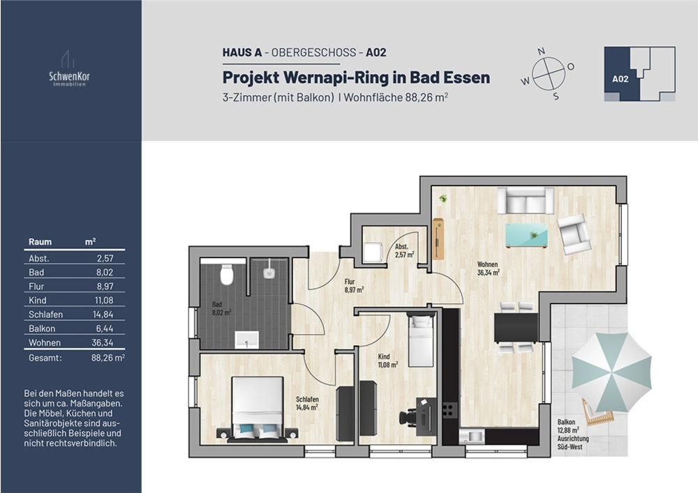Grundriss Haus A - Obergeschoss A02 (3-Zimmer, 88,26 m²)