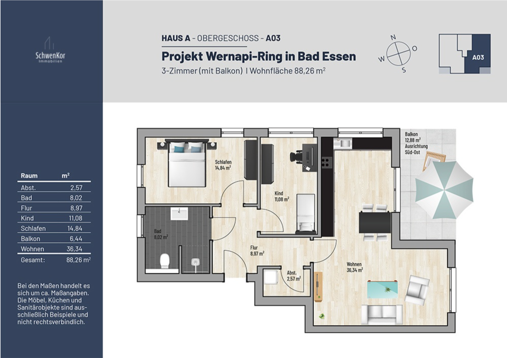 Grundriss Haus A - Obergeschoss A03 (3-Zimmer, 88,26 m²)