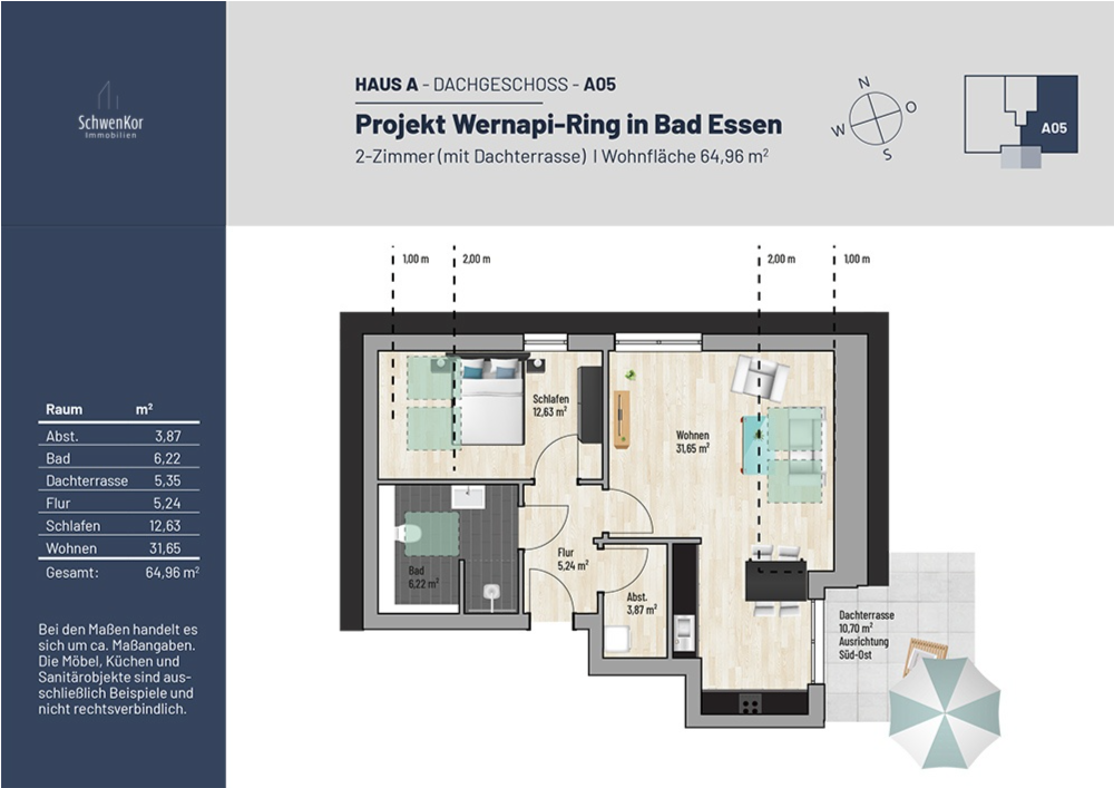 Grundriss Haus A - Dachgeschoss A05 (2-Zimmer, 64,96 m²)